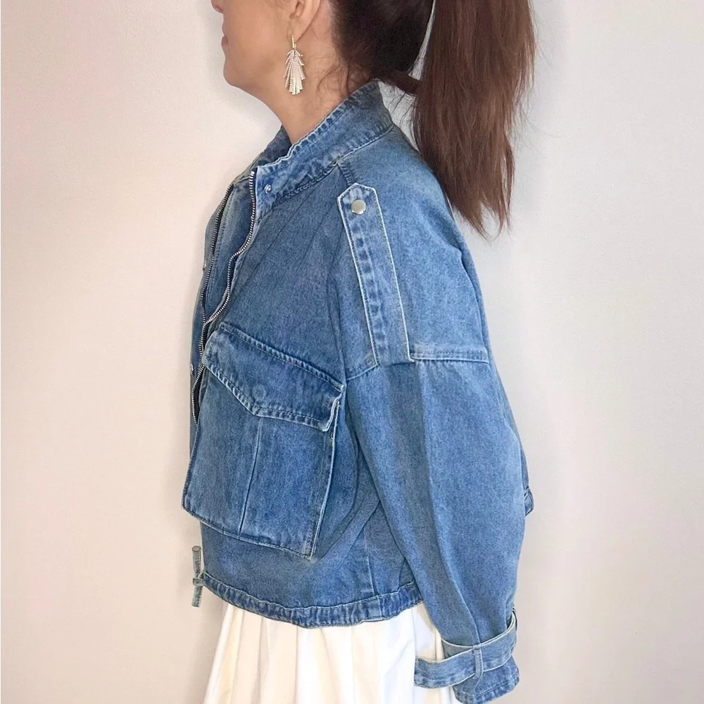 NWT Women's Aviator Cropped Denim Utility Jacket S, M, & L - Picture 2 of 3